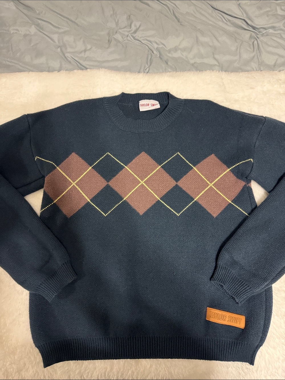 Taylor Swift Navy Argyle Pattern Crewneck Sweater with Purple and Yellow,  Sz S
